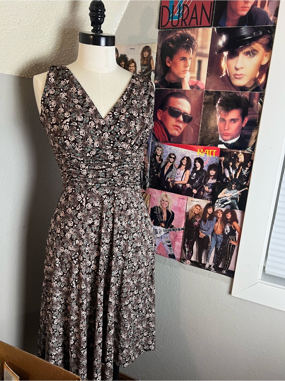 dressbarn Brown Floral V-Neck Midi Dress